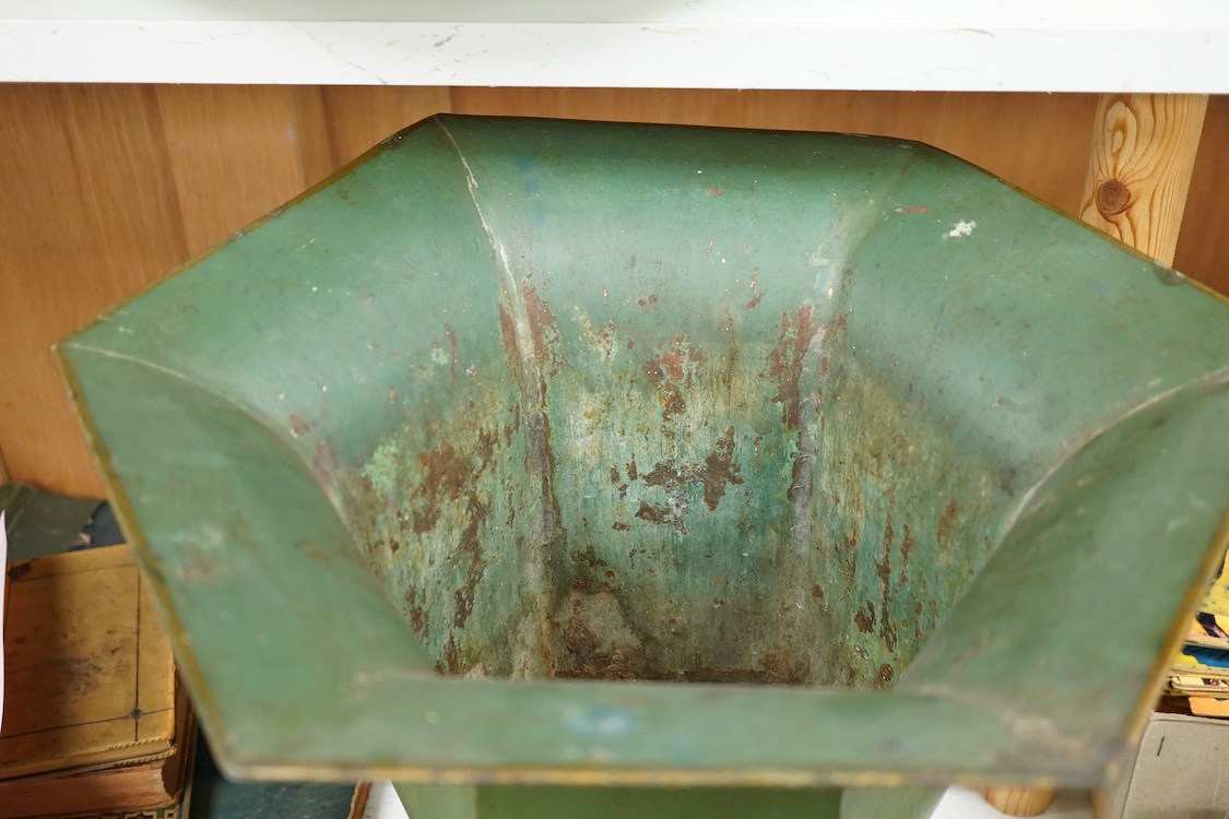 A 19th century floral painted hexagonal toleware pedestal urn, 42cm high